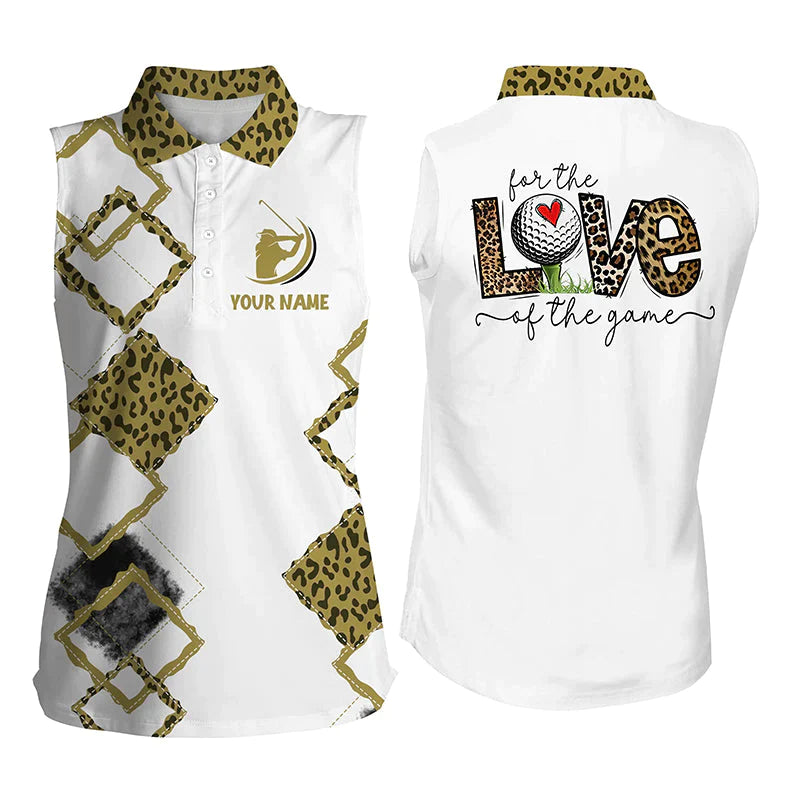 White Womens Sleeveless Polo Shirt, Custom Name For The Love Of The Game Leopard Golf Shirts