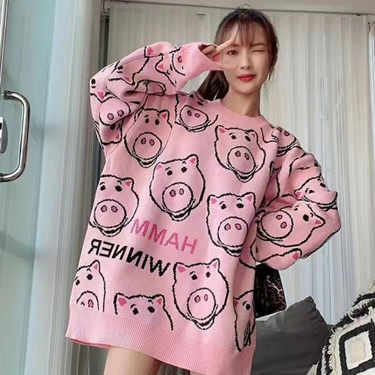 Sweater ladies autumn and winter smiley face dinosaur pullover new slim plus size women’s 2021 Korean fashion wild direct sales alx