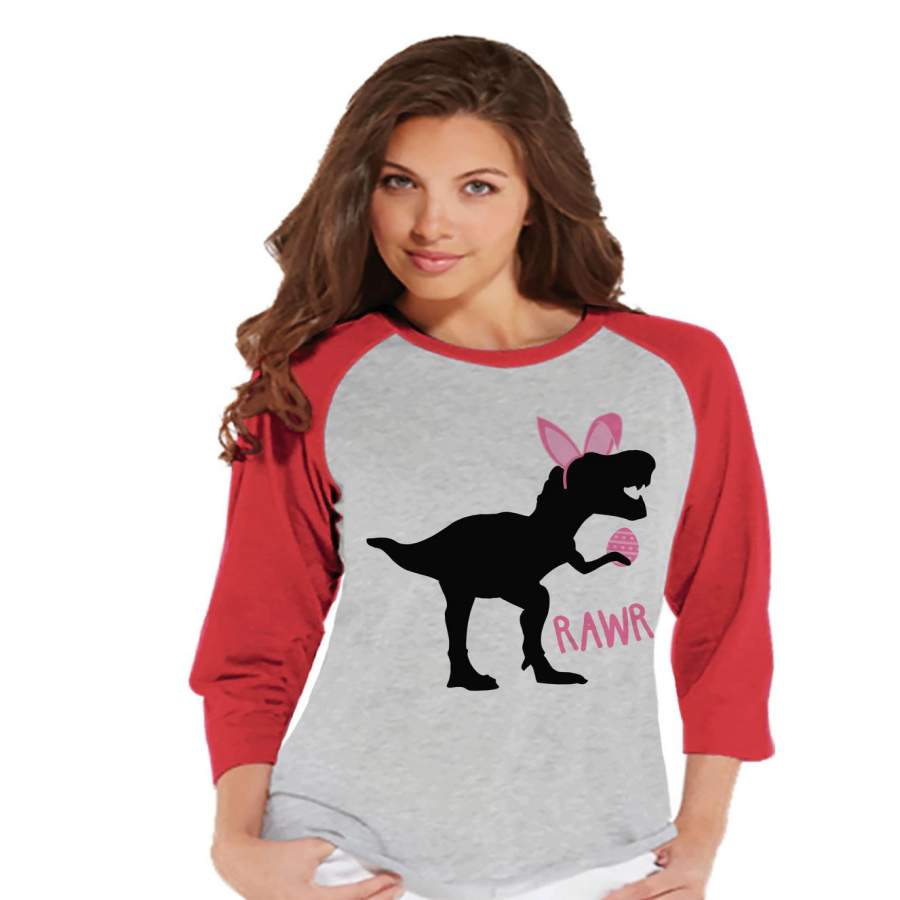 Womens Easter Shirt – Ladies Pink Dinosaur Happy Easter Shirt – Funny Dino Easter T-shirt – Gift for Her – Funny Bunny Dinosaur – Red