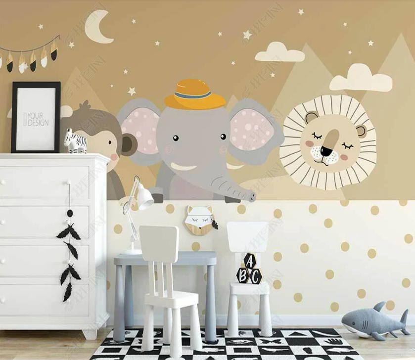 3D Cartoon Mountain Animal Elephant Lion Wall Mural Wallpaper Lqh 64