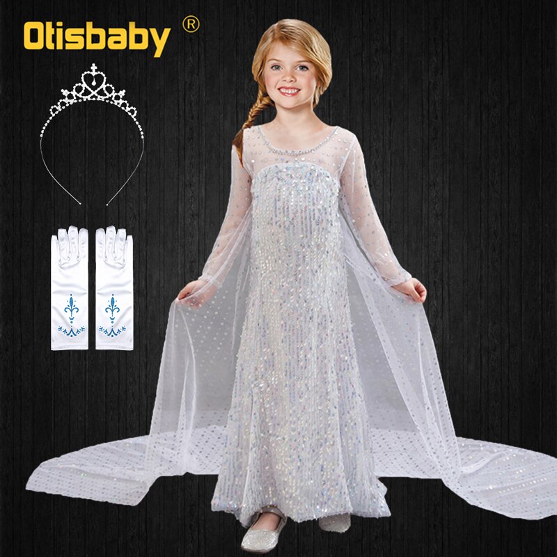 Snow Queen Elsa 2 Dress for Girls Halloween Carnival Cosplay Costume White Sequined Long Dresses Kids Adult Loose Hair Elsa Wig alx