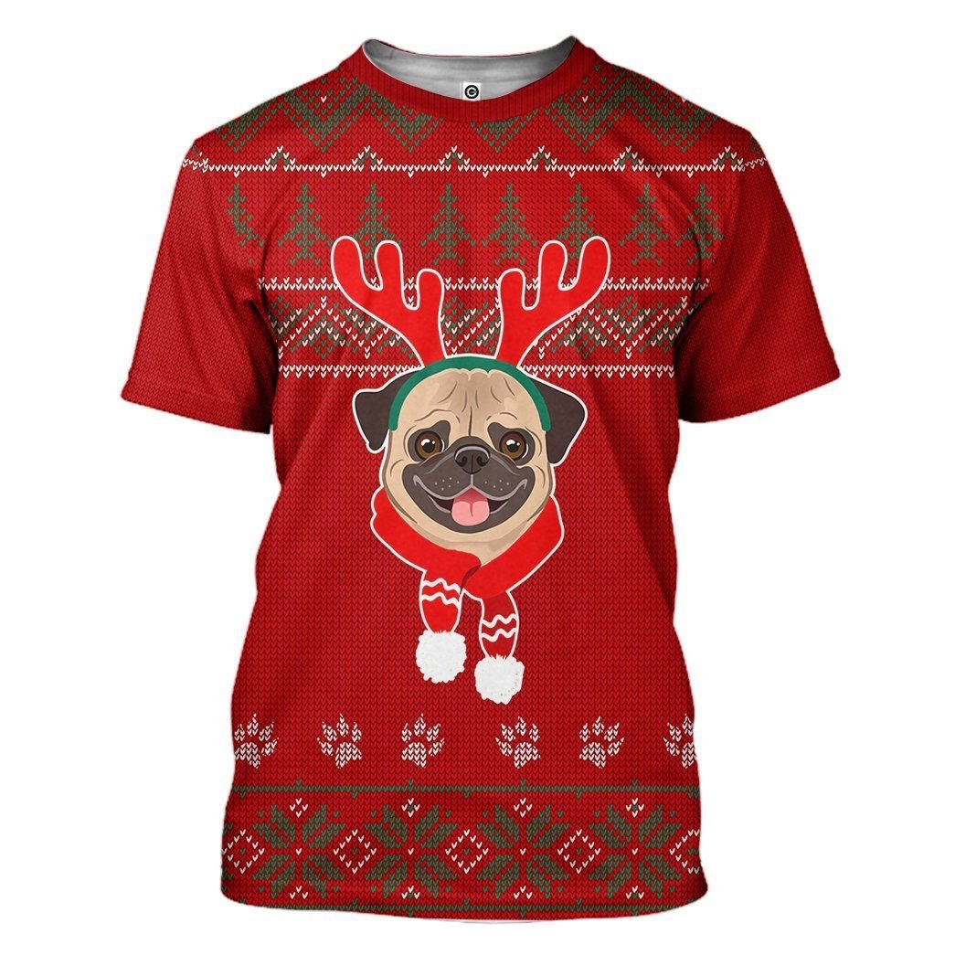 Casespring 3D Christmas Pug Dog Ugly Sweater Custom Tshirt Apparel