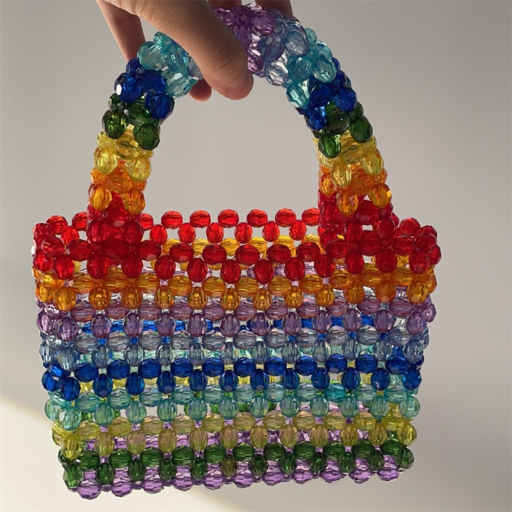 Customized Candy Rainbow Ins Handmade Beaded DIY Colorful Lollipop Small Bag Weaving Female Diagonal Underarm Bead Tote alx