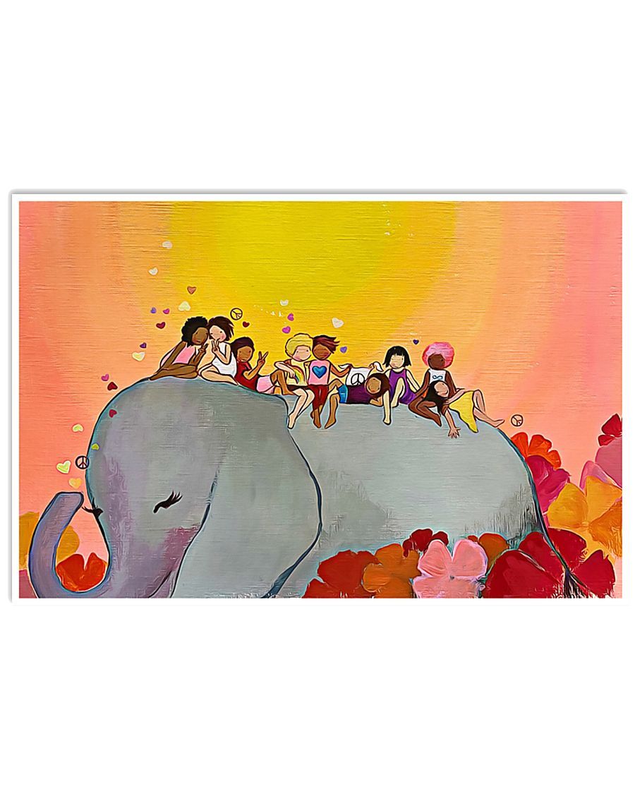 African – Black Art – Elephant And Kids Horizontal Canvas And Poster | Wall Decor Visual Art