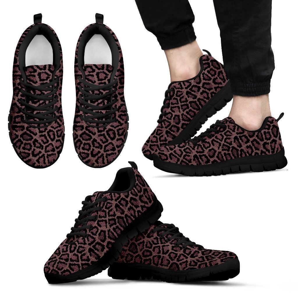 Brown Cheetah Leopard Pattern Print Black Sneaker Shoes For Men Women