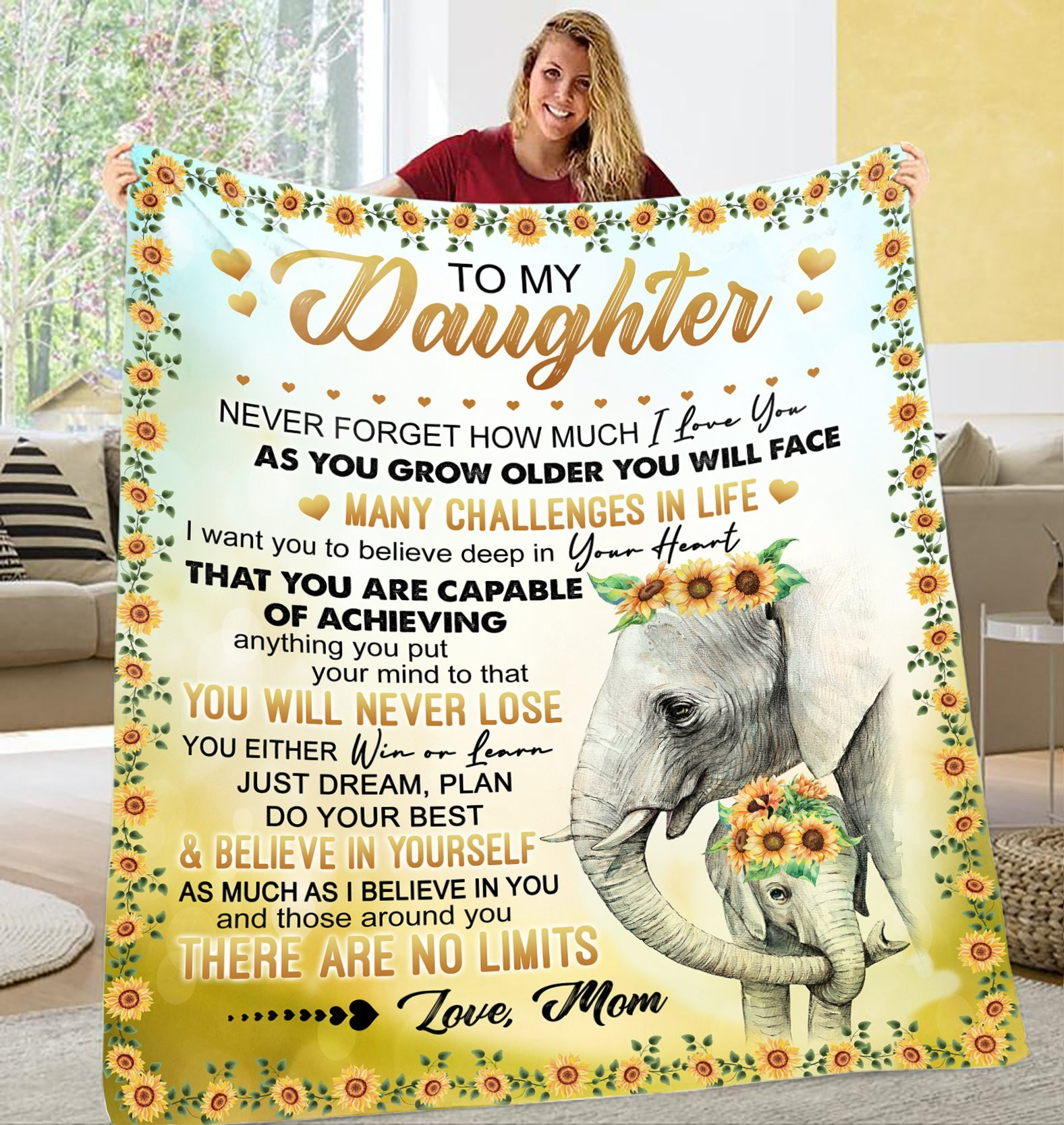 Personalized Elephant Blanket To My Daughter From Mom, Sunflower Blanket Presents For Daughter, Gifts For Daughter, Blanket Gifts, Sofa Blanket Gifts, Sherpa Blanket Fleece Blanket (50”X60” 60”X80”)