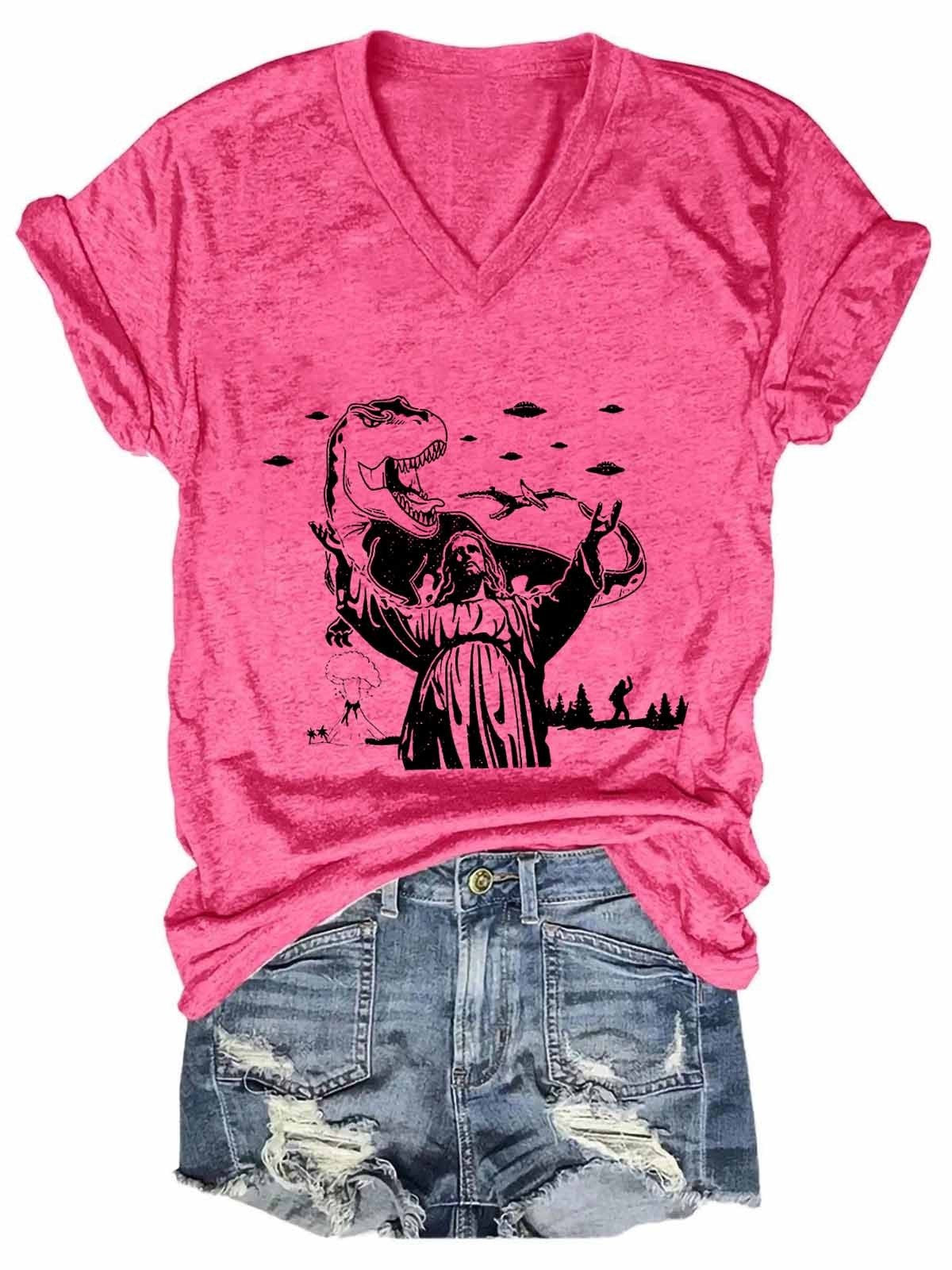 Women’S Religion,Jesus Dinosaur,Funny Darwin V-Neck Tee