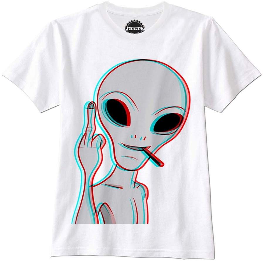 T-SHIRT Alien FInger Flip Showing the Bird Trippy White S-3XL