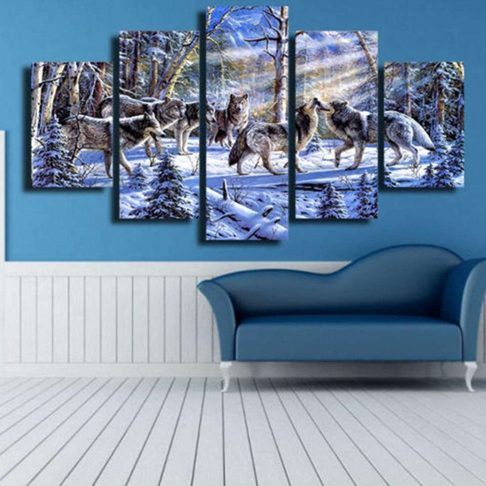 Snow Wolf 10 Animal 5 Panel Canvas Art Wall Decor