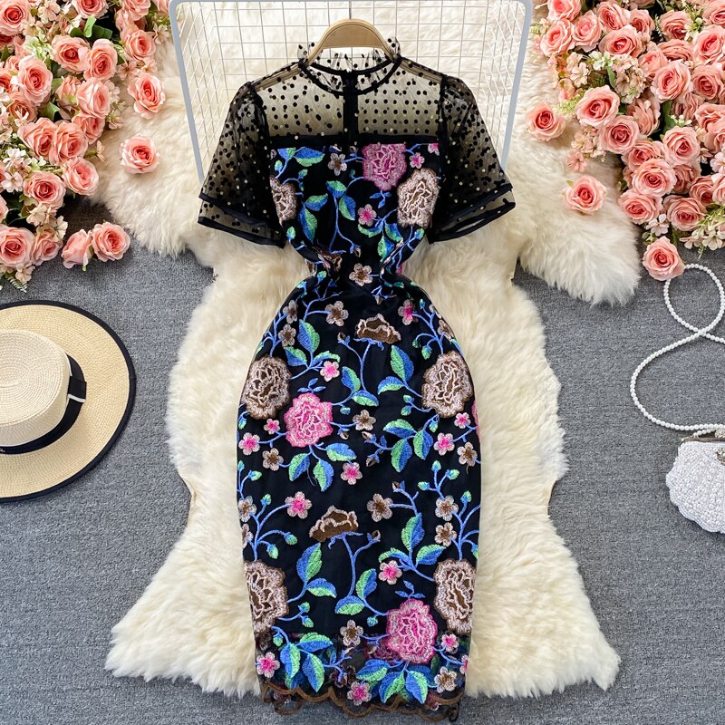 Vinatge Runway Embroidery Floral Dress Women Polka Dot Short Sleeve Stand Elegant Luxury Flower Evening Party Bodycon Vestidos alx