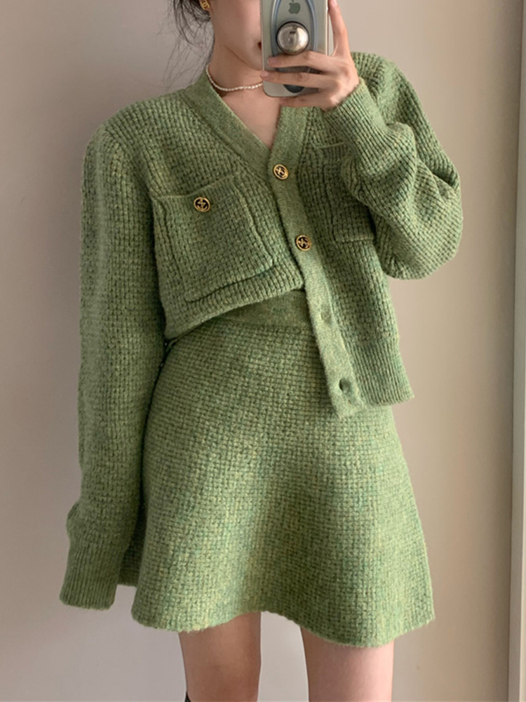 2022 Women Outfits Two Pieces Set Knitted Cardigan High Waist Mini Skirt Sets Korean Green Elegant Single Breasted Femme Tops alx