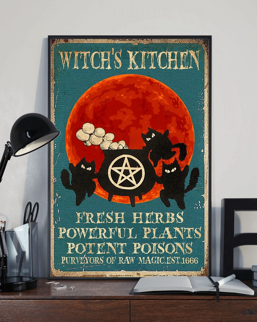 Black Cat Loves Witchs Kitchen Fresh Herbs Powerful Plants Poster Canvas – Vintage Home Decor Wall Art Evg80804