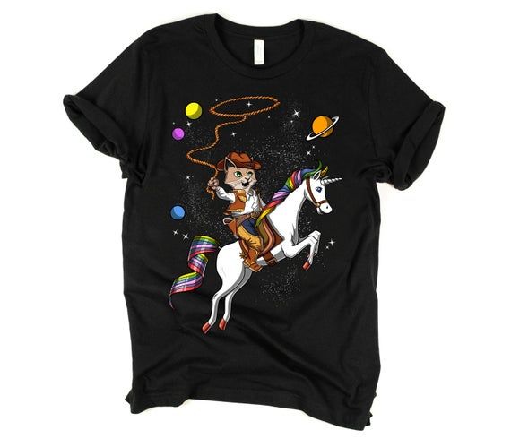 Space Cat Cowboy Riding Unicorn Shirt For Girls Boys Funny Cat Tees For Women Men Magical Rainbow Unicorn Clothing Fantasy Animal Lover Gift