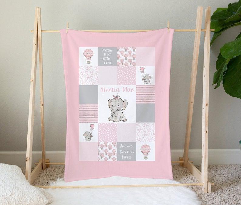 Pink Elephant Baby Blanket Girl -Personalized Baby Girl Blanket With Hot Air Balloons -Baby Bedding – Baby Shower Gift- Baby Girl Quilt