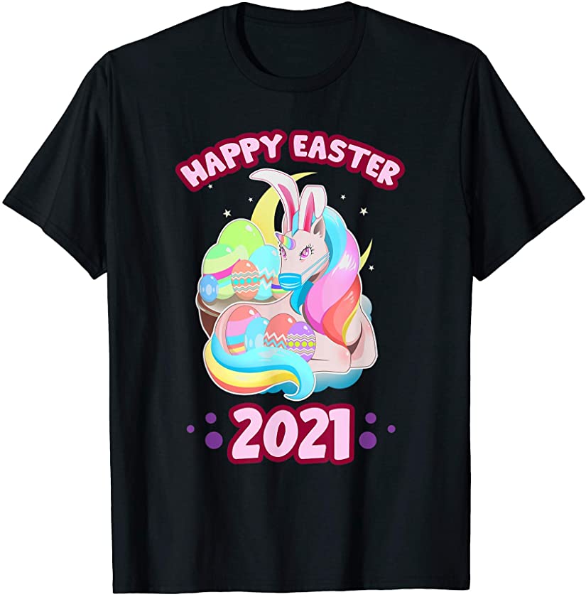 Easter 2021 Unicorn Bunny Colored Eggs Social Distancing T-Shirt