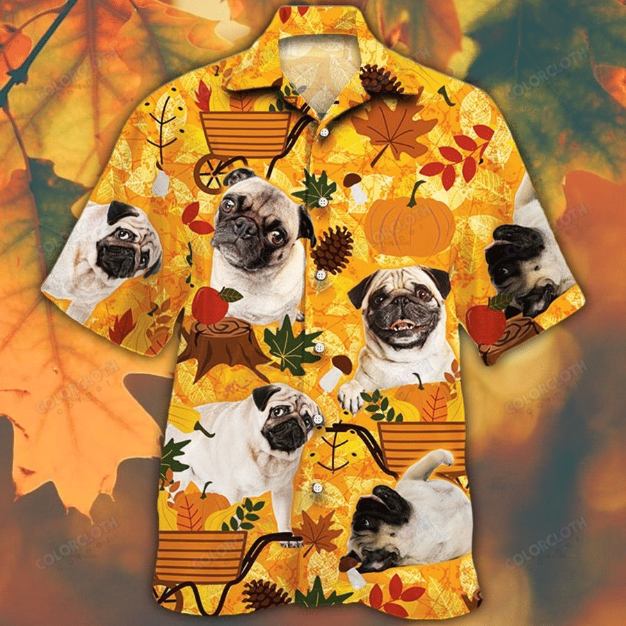 Pug Dog Lovers Orange Nature Autumn Hawaii Shirt Ha77832