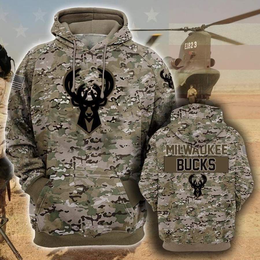 Milwaukee Bucks Camouflage Veteran Hoodie Unisex 3D All Over Print