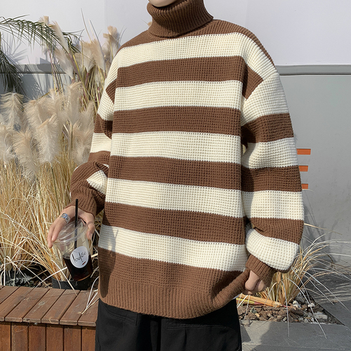 Turtleneck Sweater Men Winter Loose Fashion Harajuku Striped Casual Knitwear All-match Simple Classic Pullovers Cold Resistant alx