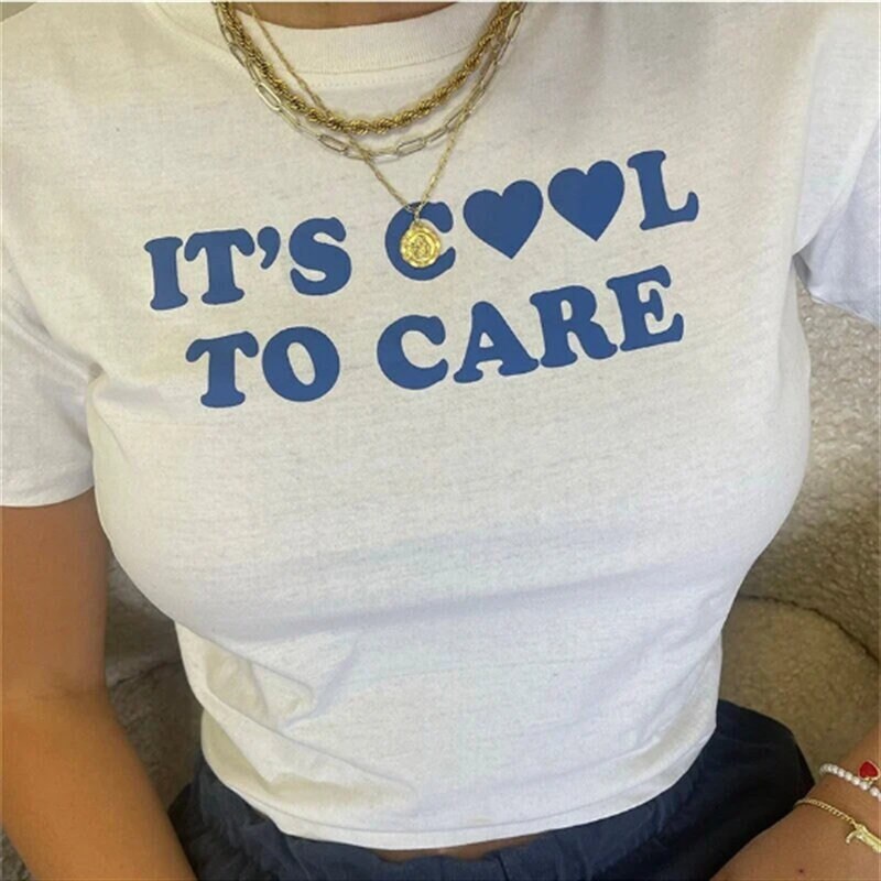 It’s Cool To Care Slogan Crop Tee, Y2K sweet girl letter graphics print Top fairycore vintage clothes crop top E-girl 90s 00s Y2K Aesthetic