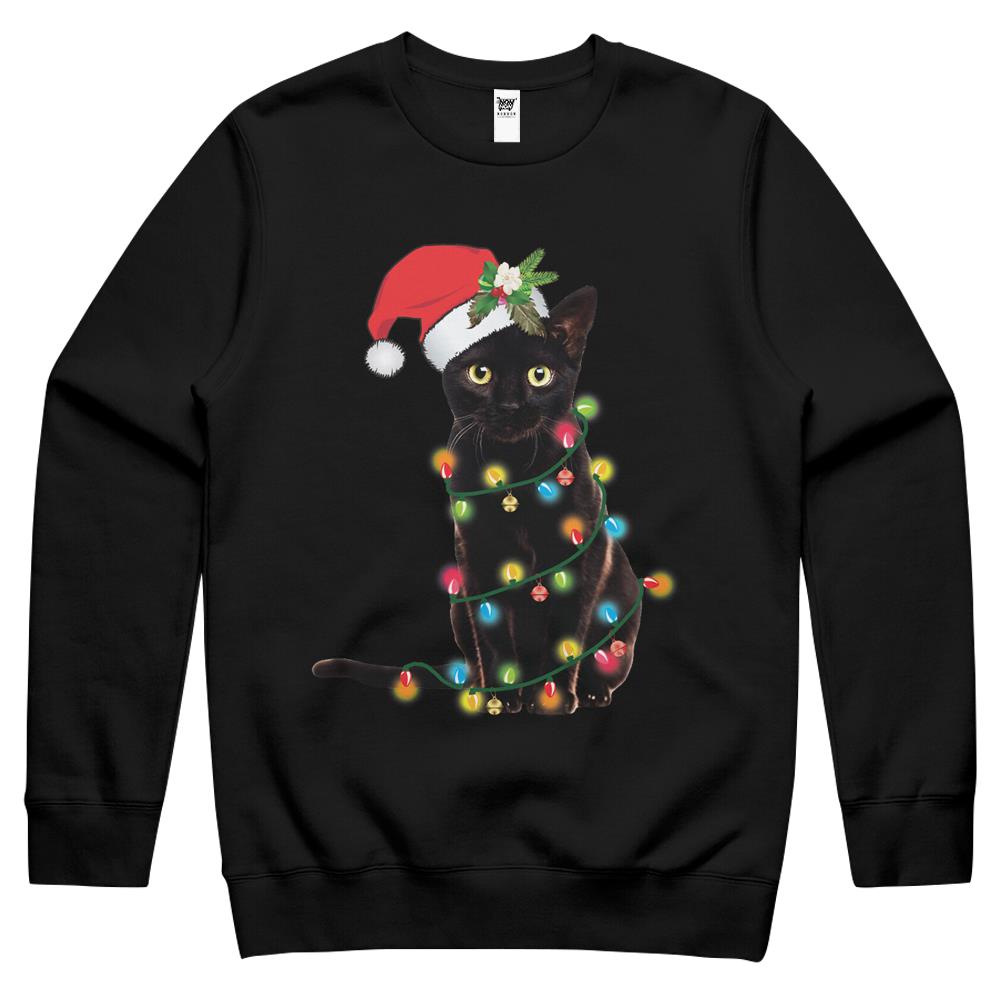 Black Santa Cat Tangled Up In Lights Christmas Santa Crewneck Sweatshirt