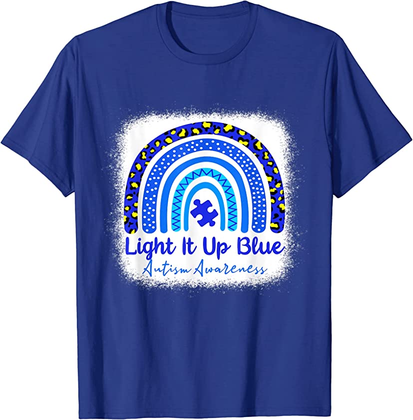 Bleached Autism Awareness Light It Up Blue Rainbow Leopard T-Shirt