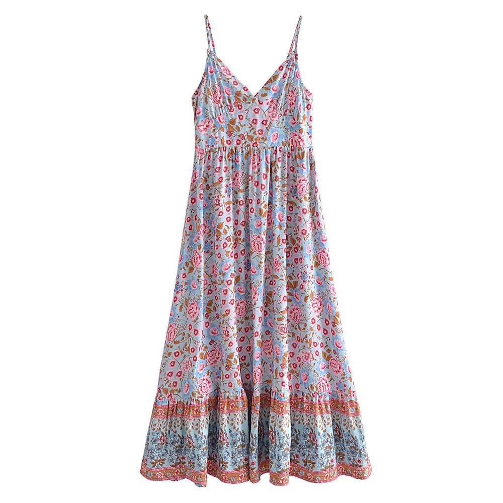 Boho Vintage Floral Print Maxi Sun Dress Sleeveless Rayon Cotton Gypsy Holiday V-Neck Bohemian Vestidos Dresses For Women alx