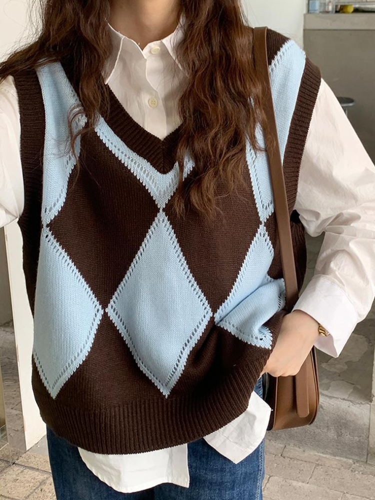 Sweater Vests Women Argyle Design Panelled Simple Classic Loose Ulzzang Autumn Retro Ins Casual Daily Preppy Style Chic V-neck alx