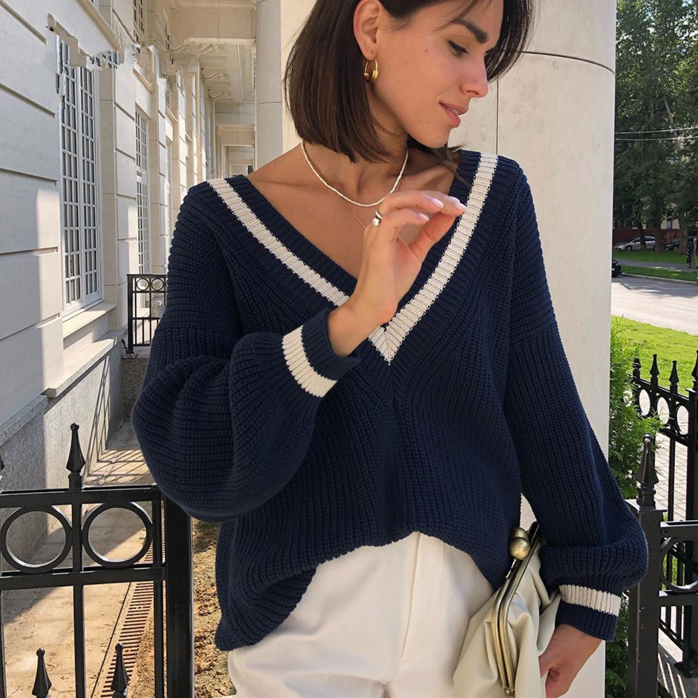 Striped Knitted Sweater Women Winter Autumn Oversize Warm Casual Loose Jumper Thick Vintage V Neck Sweaters for Women 2022 New alx