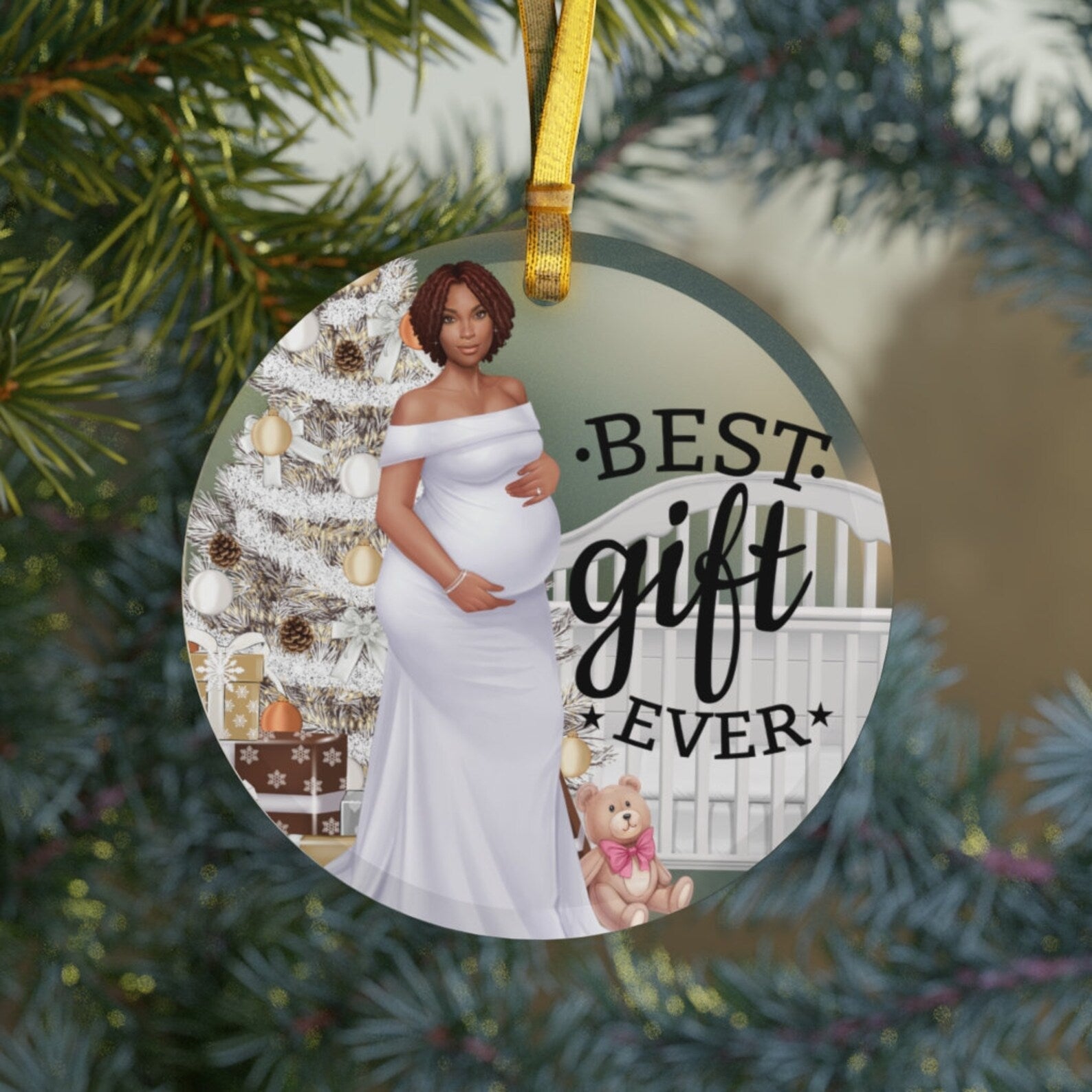 Pregnancy Black Girl Christmasblack Mompregnant Pregnancy Announcementblack Baby Showerbest Gift Ever Locs Christmas Ornament