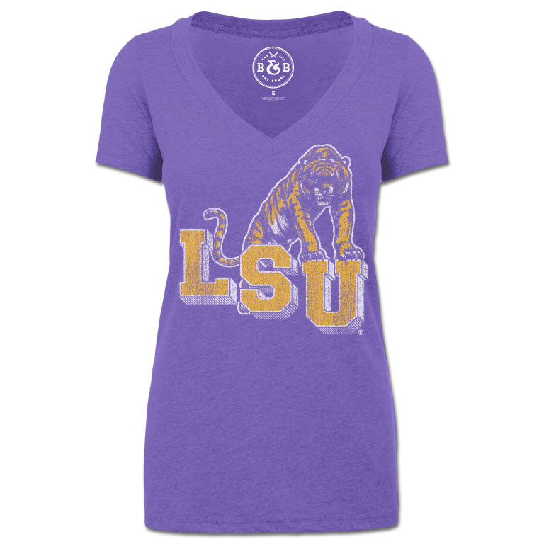 B&B Dry Goods LSU Tigers Retro Step V-Neck T-Shirt – Purple