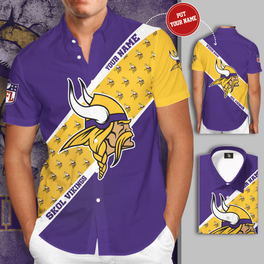 Personalized Minnesota Vikings Logo Skol Vikings All Over Print 3D Short Sleeve Dress Shirt Hawaiian Summer Aloha Beach Shirt – Purple Yellow-Tph