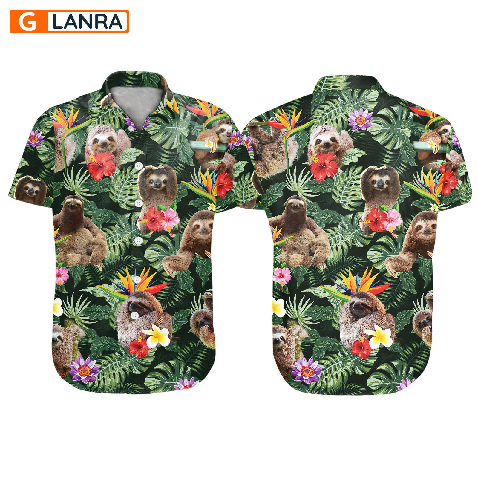 Sloth Tropical Leaves Flower Button Shirt, Sloth Farm Button Shirt, Summer Sloth Hawaiian Shirt, Sloth Leaf Hawaiian Shirt, Summer Tropical Shirt