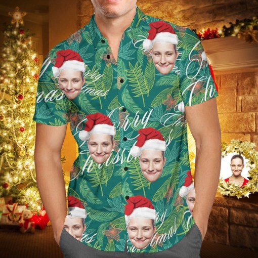 Custom Face Personalized Photo Personalized Merry Christmas Hawaiian Shirt All Over Print Leaves 4433