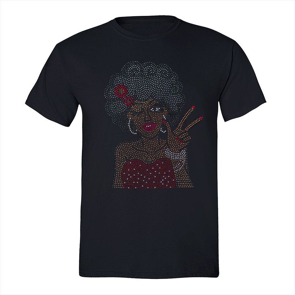 Xtrafly Apparel Men’S Tee Afro Lady Winking Sequin Rhinestone Fashionista Sexy African Rasta Rastafari Cornrows Jamaican Dj Crewneck T-Shirt