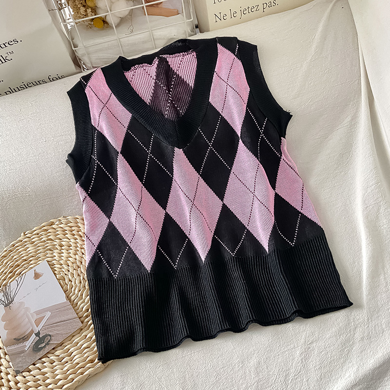 Vintage Classic Argyle Sweater Vest Women Stretch Sleeveless V-neck Sweaters Student Tricot Tops Contrast Preppy Knit Waistcoat alx