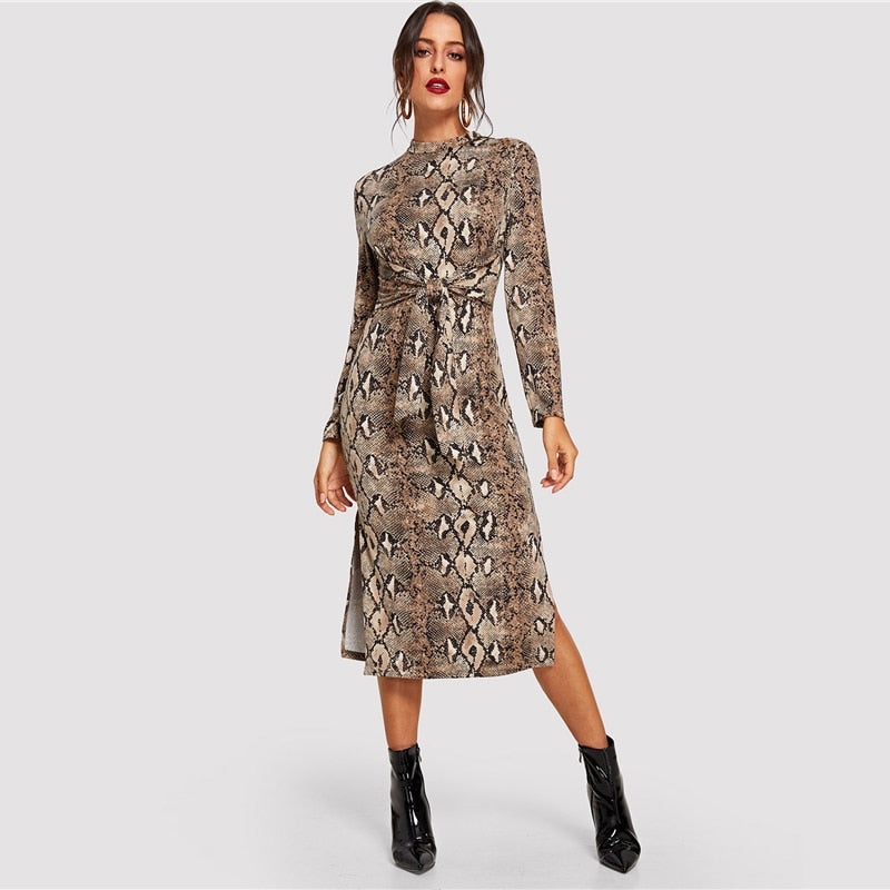 Women’S Autumn Long Sleeved Casual Dress With Snake Print