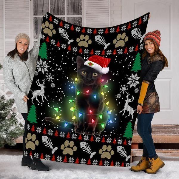 Black Cat Kitten Ugly Christmas Printed Fleece Blanket