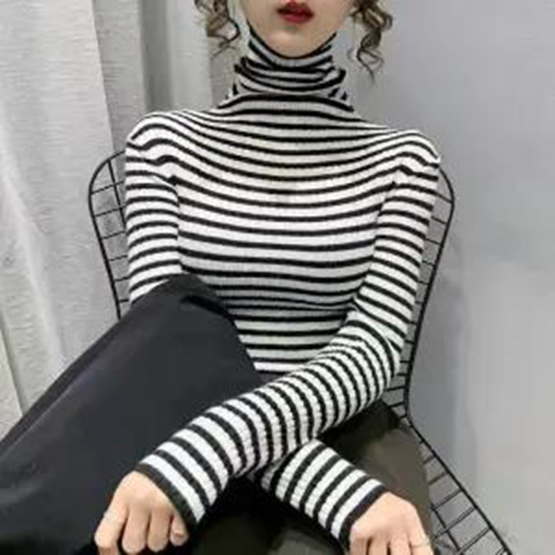 2022 New Style Long-sleeved Striped Sweater Women’s High-neck Slim-fit Color Matching Pile Collar Wholesale Dropshipping alx