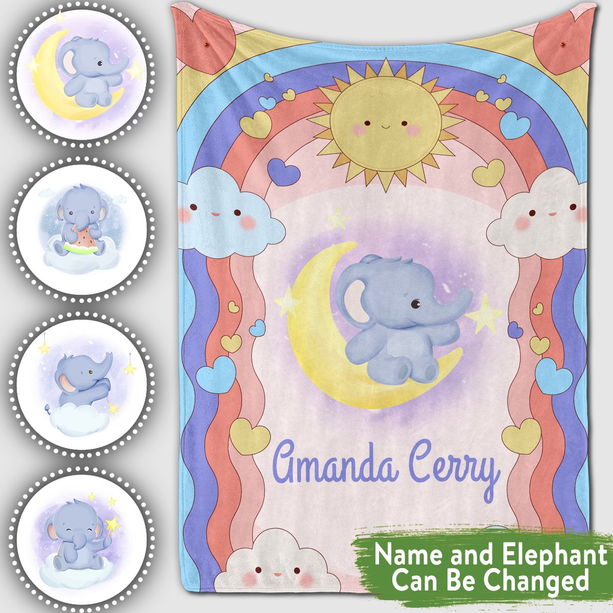 Personalized Baby Blankets With Name, Elephant Blankets Rainbow Color For Boy And Girl Baby