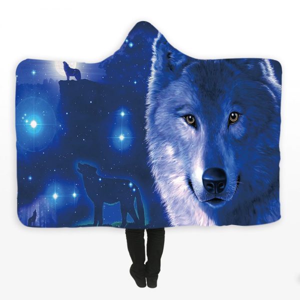 Animal Hooded Blankets – Animal Series Galaxy Wolf Blue Fleece Hooded Blanket