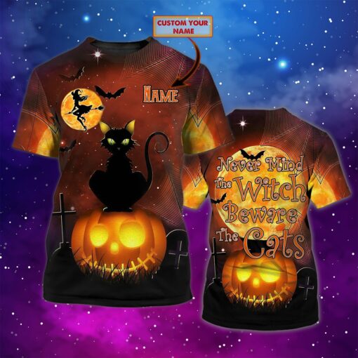 Custom Black Cat And Halloween Never Mind The Witch Beware The Cats Personalized Name 3D All Over Printed T-Shirt For Men And Women, Happy Halloween Day