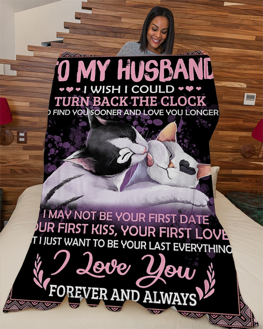 To My Husband In Heaven, I Wish I Could Turn Back The Clock For Cat Lover, Animal Lover, Family, Wife Gift For Husband Fleece Blanket