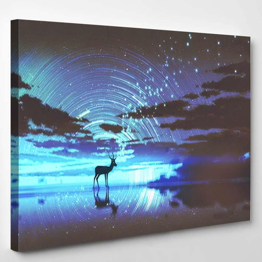 Silhouette Deer Walking On Water Against – Deer Animals Canvas Print