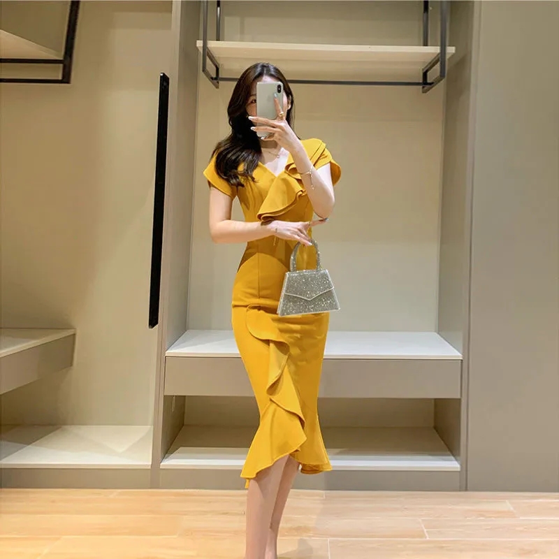 Temperament Slim Dress Summer Fashion Design Flounce Edge Short Sleeve Corset Dress Solid Color V-Neck Women Luxury Party Dress alx