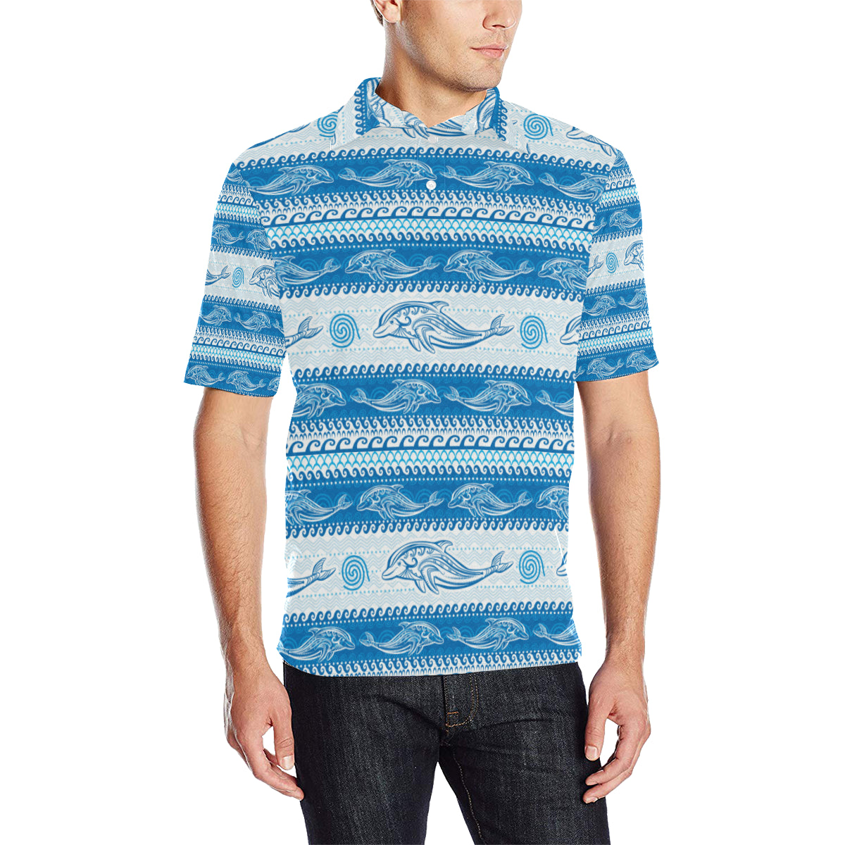 Dolphin Tribal Print Pattern Men Polo Shirt