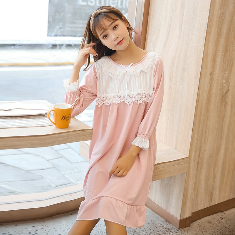 2020 Autumn Long Sleeve 100% Cotton Sweet Princess Nightgowns Women Cute Lace Sleepwear Night Dress Nightdress Home Dress Nighty alx