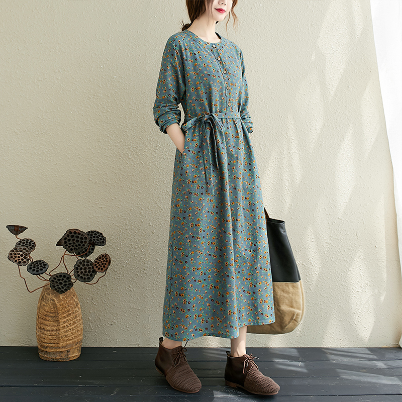 New 2022 Autumn Winter Women Dress Vintage Floral Long Sleeve O-neck Casual Loose Office Ladies Fashion Dresses Robe For Woman alx