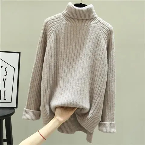 Solid Color Outwear Oversized Sweater Knitted Turtleneck Pullover Sweaters 2021 Autumn Winter Cotton Korean Brown Loose Clothing alx