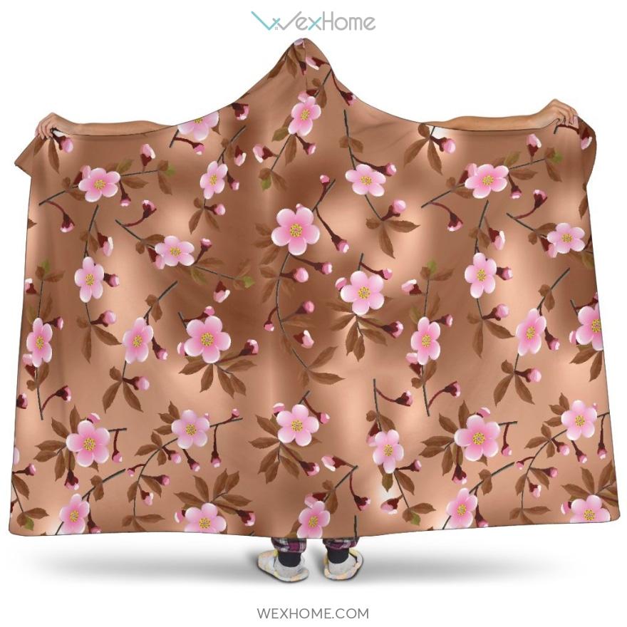 Pink Sakura Cherry Blossom Drak Brown Background Hooded Blanket