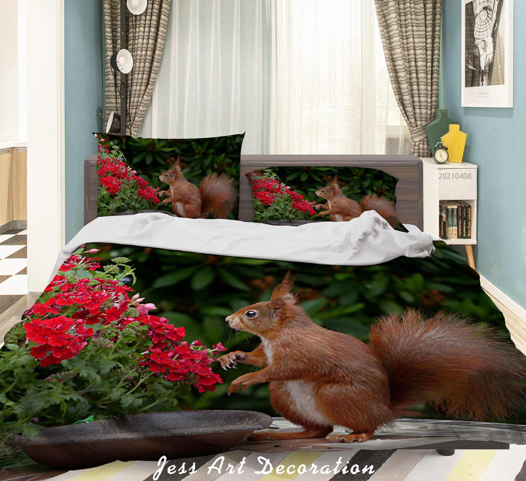 3D Red Floral Animal Squirrel Quilt Cover Set Bedding Set Duvet Cover Pillowcases 264